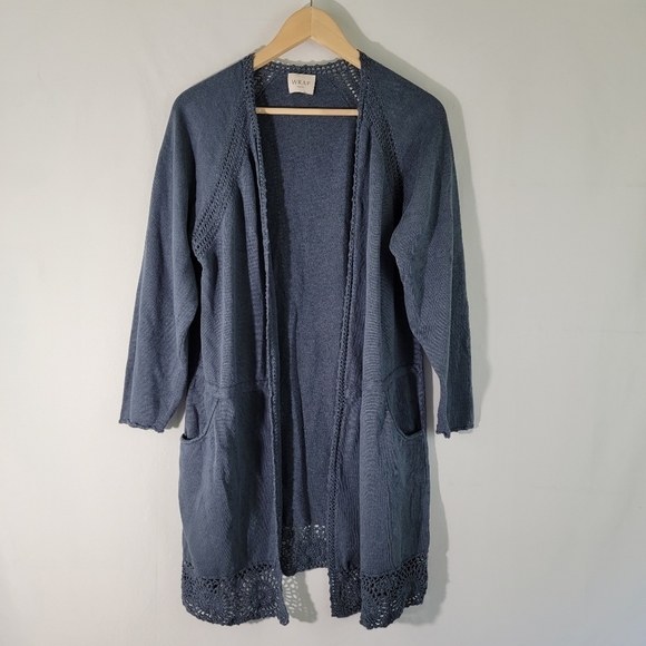 WRAP London Women's Blue Open Front Cardigan Sz 14 Linen Blend Crochet Pockets - Picture 1 of 11
